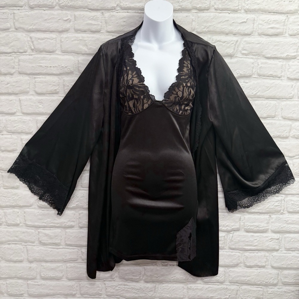 Women's XS Babydoll Lingerie Black Silky Nightgown & Robe Set Lace Croquette NEW